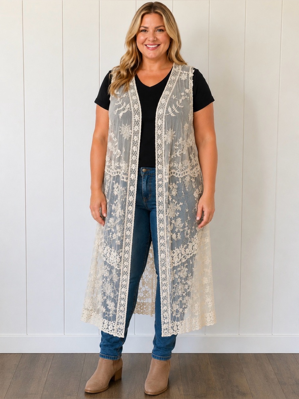 Rebellion Again Women’s Ivory Floral Embroidered Lace Mesh Duster Vest Size 1X
